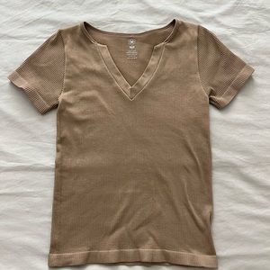 Ribbed V Neck Brown Top